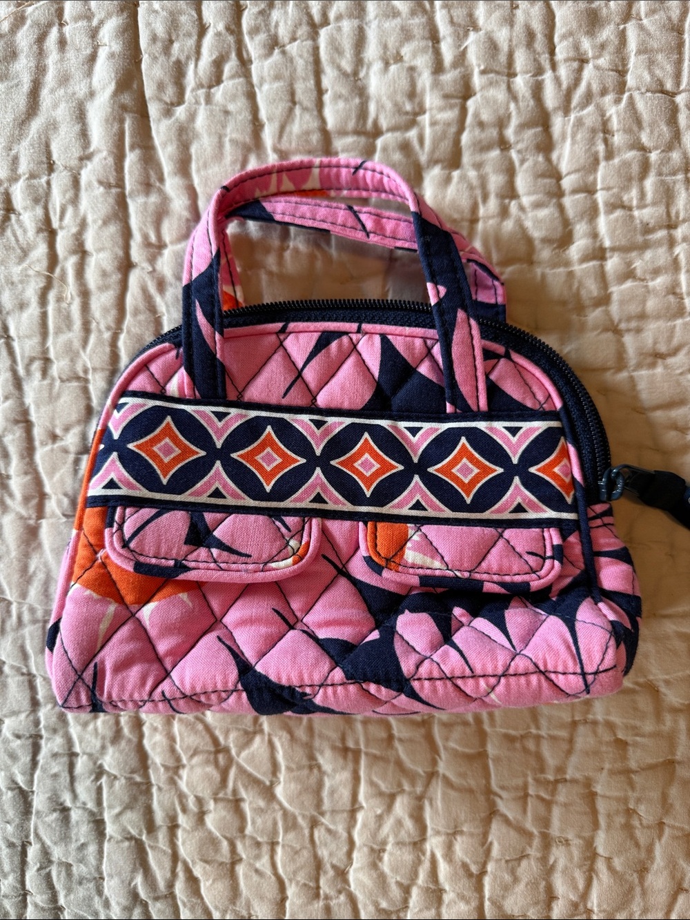 Vera Bradley Pink Quilted pocketbook with Navy & Orange Accents